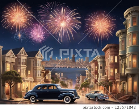 Fireworks over an old American town - 2 123571848