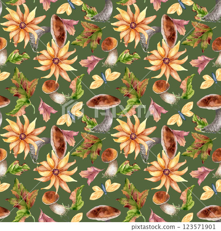 White mushrooms, yellow flowers and butterflies watercolor seamless pattern isolated. Autumn leaves with porcini, boletus hand drawn. Floral botanical repeated background with forest plants for design 123571901