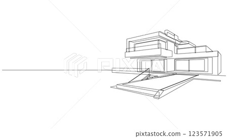 One continuous line drawing of flat roof house with swimming pool. Minimalist style black linear sketch of modern building isolated on white background. 123571905