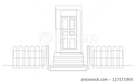 House exterior with front door, stairs and fence continuous one line illustration. Single line drawing minimalist design. Vector, editable stroke. 123571909