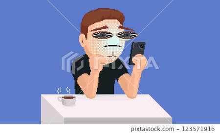Pixel art doomscrolling concept. Man with swirling eyes reading bad news via smartphone. Sad and confused person with phone and coffee. Vector illustration. Pixel art doomscrolling concept. Man with swirling eyes reading bad news via smartphone. Sad and confused person with phone and coffee. Vector illustration. 123571916