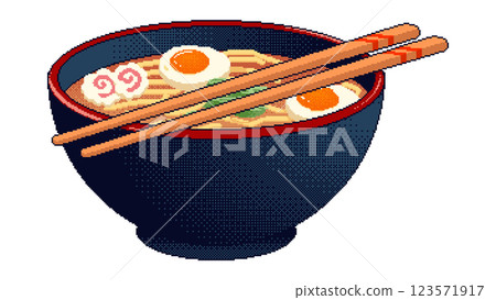 Pixel art Ramen. Pixelated delicious Asian food for retro 8-bit video game and icon for website. Old school vector illustration. 123571917