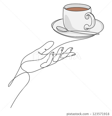 Continuous one line drawing of hand holding a cup of coffee. Minimalist design single line vector illustration. Continuous one line drawing of hand holding a cup of coffee. Minimalist design single line vector illustration. 123571918