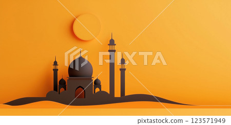 Silhouette of mosque with orange background and sun 123571949