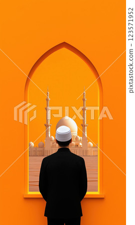 man in traditional attire gazes at mosque through archway 123571952
