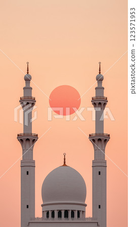 Silhouette of mosque with minarets at sunset, Ramadan theme 123571953