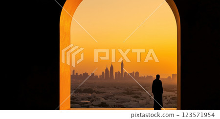 Silhouette of person in archway with city skyline at sunset 123571954