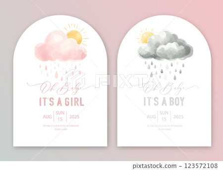 Cute baby shower watercolor invitation card for baby and kids new born celebration. Its a girl, Its a boy card with pink and grey clouds, sun and hearts. Cute baby shower watercolor invitation card for baby and kids new born celebration. Its a girl, Its a boy card with pink and grey clouds, sun and hearts. 123572108