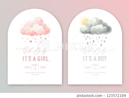 Cute baby shower watercolor invitation card for baby and kids new born celebration. Its a girl, Its a boy card with pink and grey clouds, sun and hearts. 123572109
