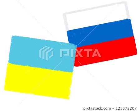 Simple illustration, crayon touch, Ukrainian and Russian flags Simple illustration, crayon touch, Ukrainian and Russian flags 123572207