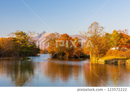 Hokkaido in autumn: Autumn leaves at Onuma Park, Onuma at dusk Hokkaido in autumn: Autumn leaves at Onuma Park, Onuma at dusk 123572222
