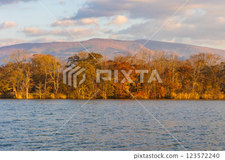 Hokkaido in autumn: Autumn leaves at Onuma Park, Onuma at dusk Hokkaido in autumn: Autumn leaves at Onuma Park, Onuma at dusk 123572240