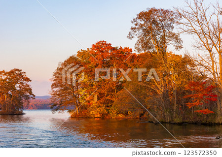 北海道的秋天:大沼公園的紅葉、大沼的黃昏 北海道的秋天:大沼公園的紅葉、大沼的黃昏 123572350