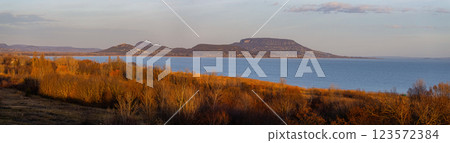 Panorama picture with sunset lights over the lake Balaton of Hungary 123572384