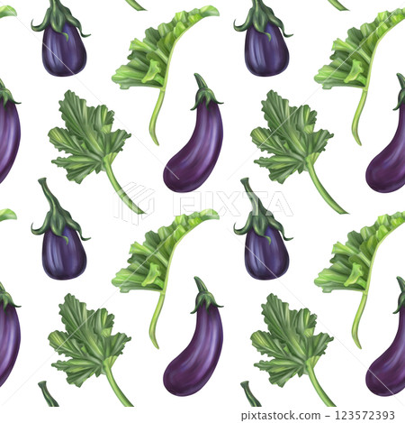 Seamless autumn harvest pattern with eggplant and leaves. Farm organic products, healthy vegetables, sustainable gardening, greens crop. Hand drawing background for wrapping paper, textiles, design 123572393
