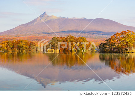 北海道的秋天，北海道駒嶽大沼公園的紅葉 123572425