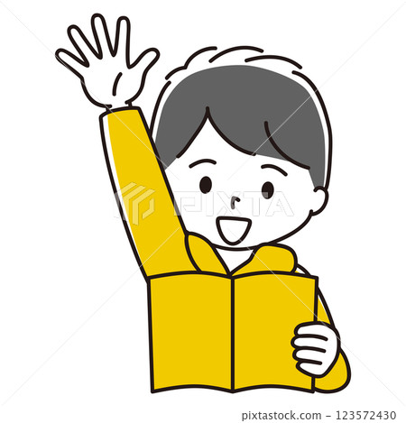 Illustration of a boy reading a book, raising his hand, smiling, black hair 123572430