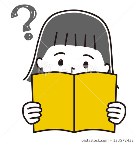 Illustration of a girl reading a book, question mark, black hair Illustration of a girl reading a book, question mark, black hair 123572432