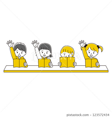 Illustration of children raising their hands while reading a book 123572434