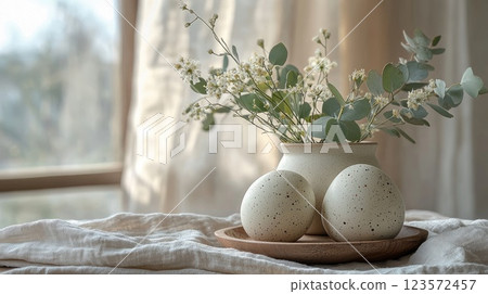 Decorative arrangement of eggs and flowers in a rustic setting with natural light 123572457