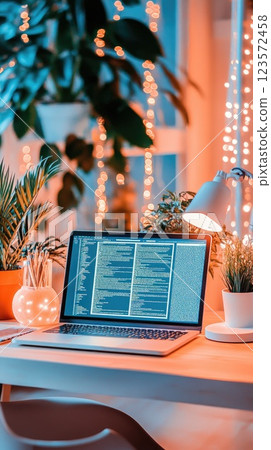 Workspace with laptop displaying code and decorative plants during evening hours 123572458