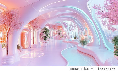 Elegant interior design featuring pastel colors and cherry blossom trees in a futuristic space Elegant interior design featuring pastel colors and cherry blossom trees in a futuristic space 123572476