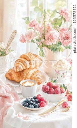 Delightful breakfast spread featuring croissants, berries, and flowers in a sunny kitchen setting Delightful breakfast spread featuring croissants, berries, and flowers in a sunny kitchen setting 123572511