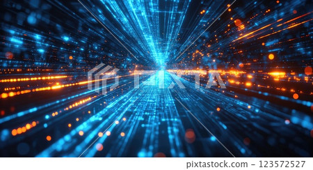 Dynamic abstract representation of digital speed through glowing blue and orange particles in a dark environment Dynamic abstract representation of digital speed through glowing blue and orange particles in a dark environment 123572527