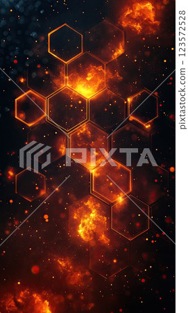 Vibrant hexagonal patterns illuminated with fiery colors in a cosmic setting Vibrant hexagonal patterns illuminated with fiery colors in a cosmic setting 123572528