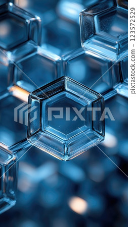 Close-up view of hexagonal glass shapes arranged in a mesmerizing blue pattern during daylight Close-up view of hexagonal glass shapes arranged in a mesmerizing blue pattern during daylight 123572529