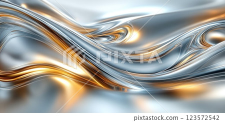 Shimmering metallic fabric folds create a dynamic visual with flowing silver and gold hues in a modern abstract composition Shimmering metallic fabric folds create a dynamic visual with flowing silver and gold hues in a modern abstract composition 123572542