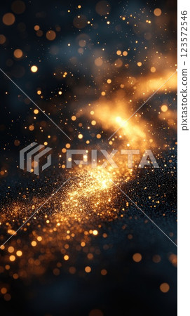 Shimmering golden particles create a mesmerizing cosmic landscape in a dark background 123572546