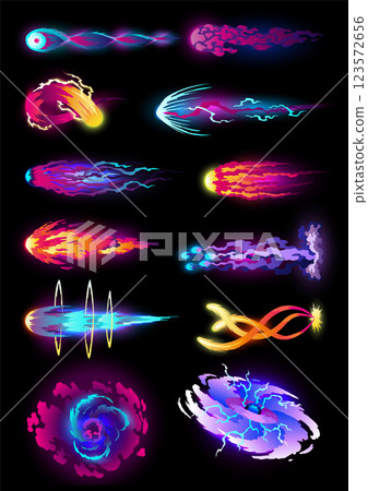 Speed effect cartoon vfx. Comic line blaster shot. Energy fire flame light. Neon color, asteroid flying rock. Flash lightning motion. Fantasy vector element set Speed effect cartoon vfx. Comic line blaster shot. Energy fire flame light. Neon color, asteroid flying rock. Flash lightning motion. Fantasy vector element set 123572656