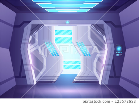 Spaceship sliding door or laboratory gate. Open gate with illuminated entrance frame. Bunker or spacecraft exit concept for games and mobile applications spaceship Spaceship sliding door or laboratory gate. Open gate with illuminated entrance frame. Bunker or spacecraft exit concept for games and mobile applications spaceship 123572658