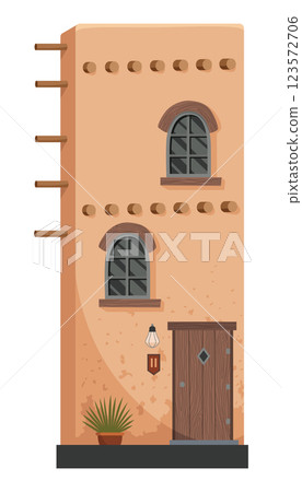 Adobe house. Traditional building illustrate craftsmanship of rustic architecture. Construction with wooden elements. Vector cartoon illustration Adobe house. Traditional building illustrate craftsmanship of rustic architecture. Construction with wooden elements. Vector cartoon illustration 123572706