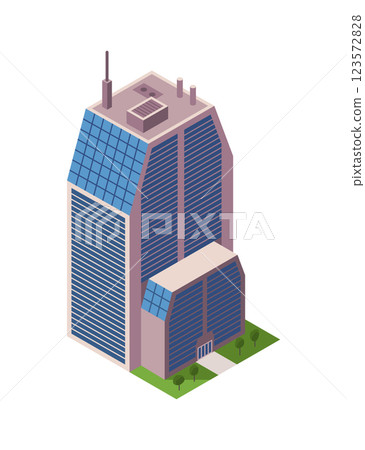 Office building, isometric skyscraper, modern apartments. Vector illustration, 3D design used for logos, infographics and city map creation 123572828