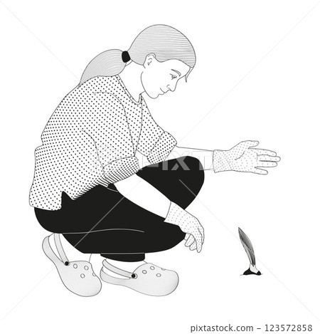 woman in work clothes and gardening gloves squatting to gardening black and white vector illustration 123572858