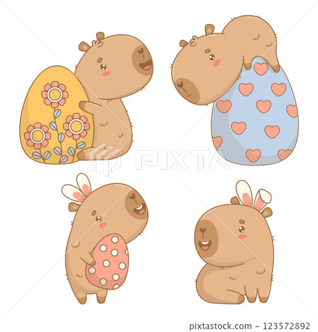 Cute Easter Capybara collection. Happy cartoon kawaii animal in bunny ears with paschal egg. Vector illustration. Isolated holiday cool character 123572892