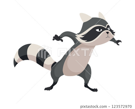 Cartoon raccoon character emotion. Funny wild coon pose, cute mammal. Vector design animal icon isolated on white background 123572970