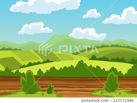 Agriculture farming landscape. Countryside land. Plowing the field on rural landscape background. Farm life, soil cultivation. Vector cartoon illustration 123572986