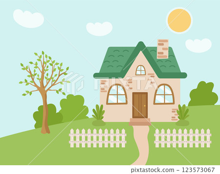 Spring village house with a green roof. Cute rustic landscape with a white fence, tree, bushes, lawn. Vector illustration of a sunny day outside the city. 123573067