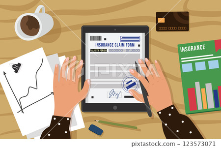 Female insurance agent fills out an insurance claim form on a tablet computer. View of the desktop workspace from above. Magazine, credit card, papers, cup of coffee. Vector illustration 123573071