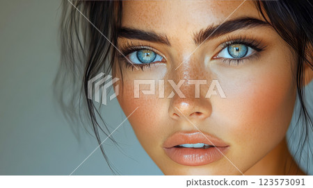 A woman with natural makeup, long lashes and voluminous eyebrows 123573091