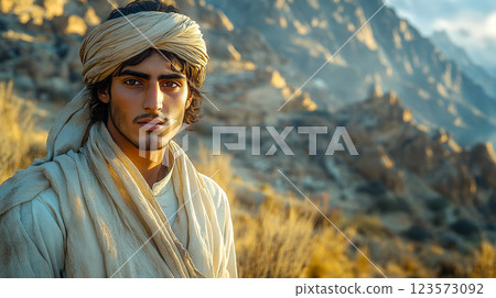 A young Afghan man in a white tunic and turban stands in a field A young Afghan man in a white tunic and turban stands in a field 123573092
