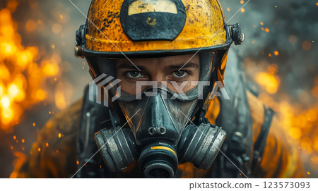 Firefighter in yellow helmet, respirator and protective gear, fire in the background 123573093
