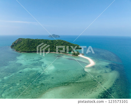 Lush island surrounded by crystal clear waters with visible coral reefs and a sandy shoreline. Ko Pha Ngan, Thailand. Lush island surrounded by crystal clear waters with visible coral reefs and a sandy shoreline. Ko Pha Ngan, Thailand. 123573101