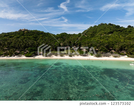 A hill with dense greenery overlooks a clear sea and sandy beach with coral reef. Koh Tao, Thailand. A hill with dense greenery overlooks a clear sea and sandy beach with coral reef. Koh Tao, Thailand. 123573102