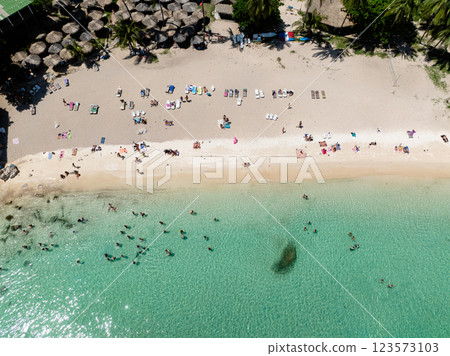 Crowded beach featuring turquoise water, swimmers, sunbathers, and palm trees providing shade under a clear blue sky. Ao Leuk, Koh Tao, Thailand. Crowded beach featuring turquoise water, swimmers, sunbathers, and palm trees providing shade under a clear blue sky. Ao Leuk, Koh Tao, Thailand. 123573103