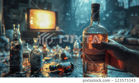 Close-up of a hand holding a bottle of vodka, with condensation droplets on the glass 123573143