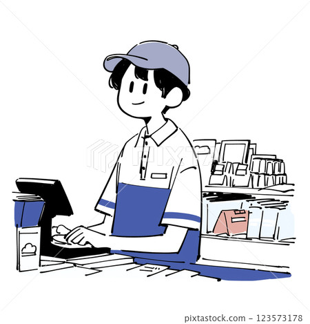 Illustration of a cashier working at the register 123573178